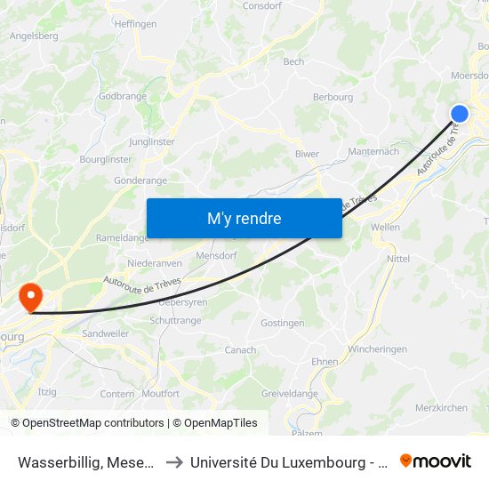 Wasserbillig, Mesenich Frontière to Université Du Luxembourg - Campus Kirchberg map