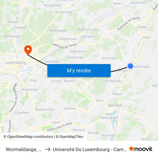 Wormeldange, Geméen to Université Du Luxembourg - Campus Kirchberg map