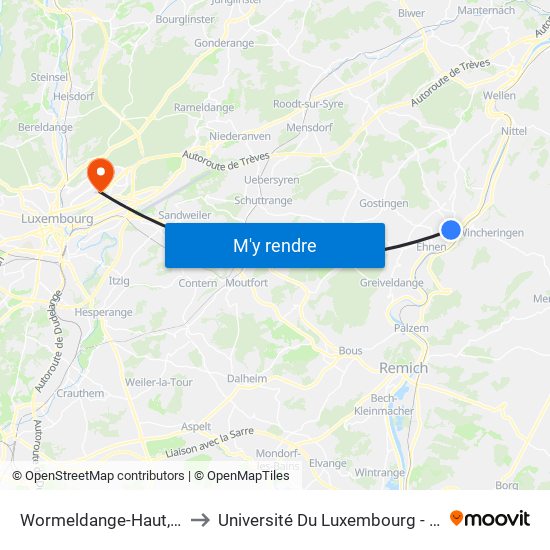 Wormeldange-Haut, Bei Der Körch to Université Du Luxembourg - Campus Kirchberg map