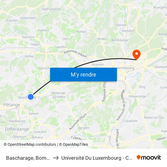 Bascharage, Bommelscheier to Université Du Luxembourg - Campus Kirchberg map