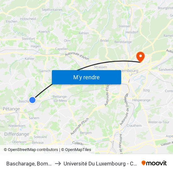 Bascharage, Bommertbesch to Université Du Luxembourg - Campus Kirchberg map