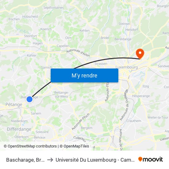 Bascharage, Brasserie to Université Du Luxembourg - Campus Kirchberg map