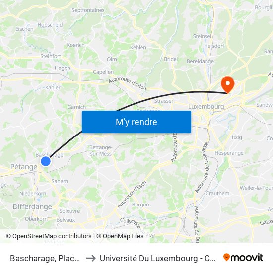 Bascharage, Place Schuman to Université Du Luxembourg - Campus Kirchberg map