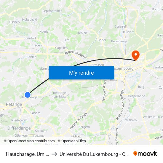 Hautcharage, Um Kläppchen to Université Du Luxembourg - Campus Kirchberg map