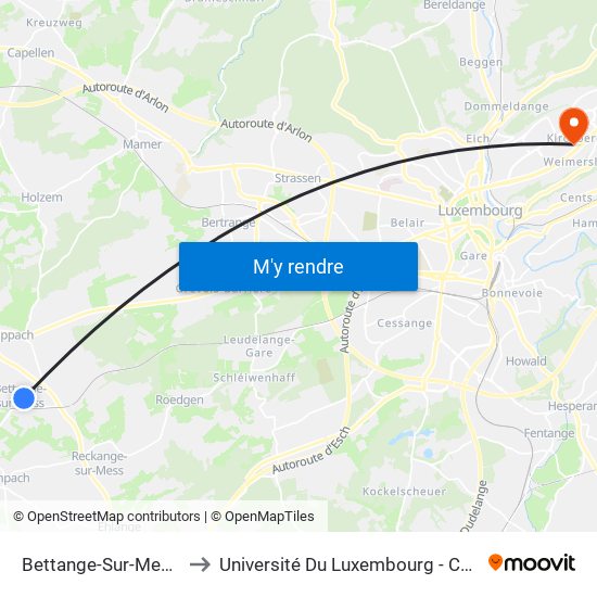 Bettange-Sur-Mess, Spillplaz to Université Du Luxembourg - Campus Kirchberg map