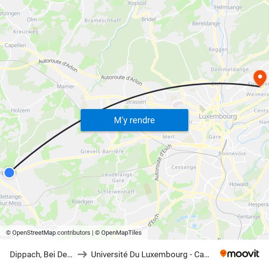 Dippach, Bei Der Crèche to Université Du Luxembourg - Campus Kirchberg map