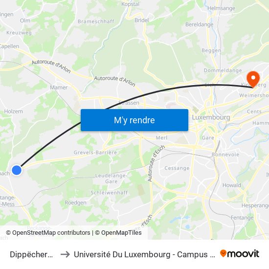 Dippëcherbierg to Université Du Luxembourg - Campus Kirchberg map