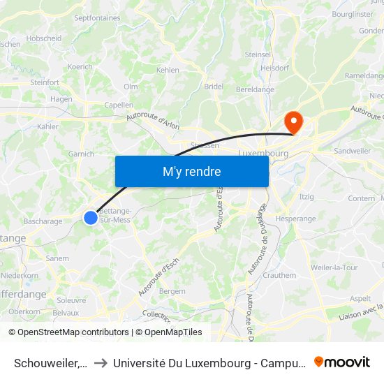 Schouweiler, Gare to Université Du Luxembourg - Campus Kirchberg map