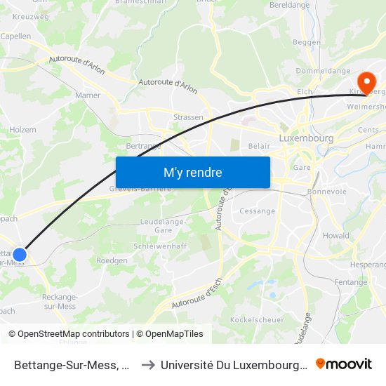 Bettange-Sur-Mess, Dippecherstrooss to Université Du Luxembourg - Campus Kirchberg map