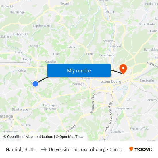 Garnich, Botterkräiz to Université Du Luxembourg - Campus Kirchberg map