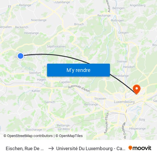Eischen, Rue De Hobscheid to Université Du Luxembourg - Campus Kirchberg map