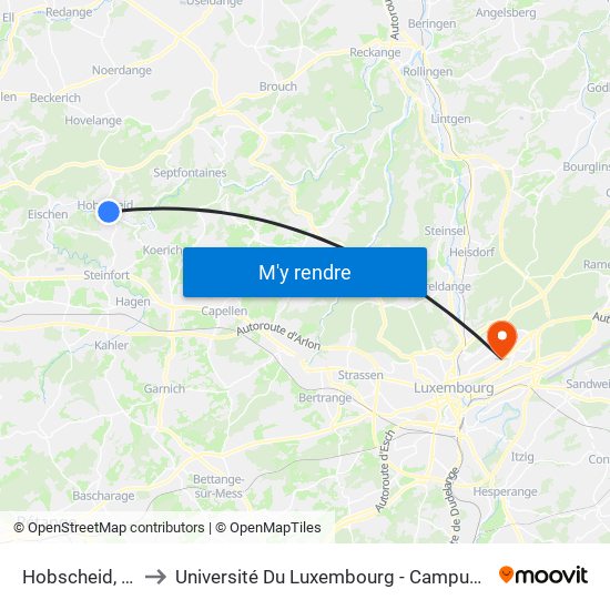 Hobscheid, Hiehl to Université Du Luxembourg - Campus Kirchberg map