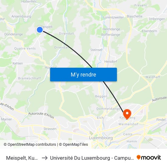 Meispelt, Kuesselt to Université Du Luxembourg - Campus Kirchberg map
