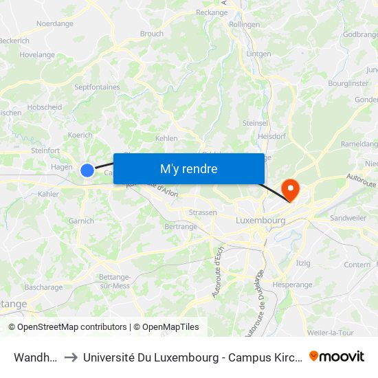 Wandhaff to Université Du Luxembourg - Campus Kirchberg map