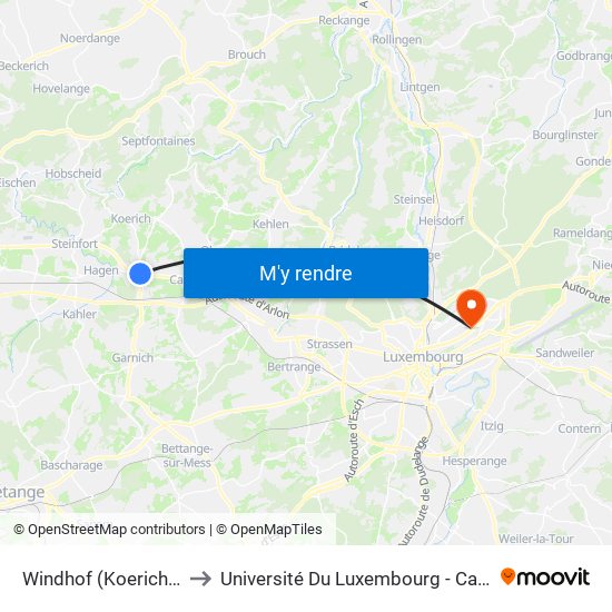 Windhof (Koerich), Ecoparc to Université Du Luxembourg - Campus Kirchberg map