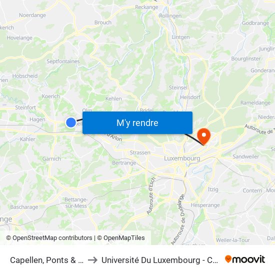 Capellen, Ponts & Chaussées to Université Du Luxembourg - Campus Kirchberg map