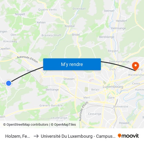 Holzem, Festsall to Université Du Luxembourg - Campus Kirchberg map