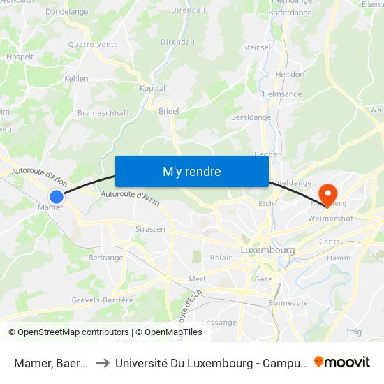 Mamer, Baerendall to Université Du Luxembourg - Campus Kirchberg map