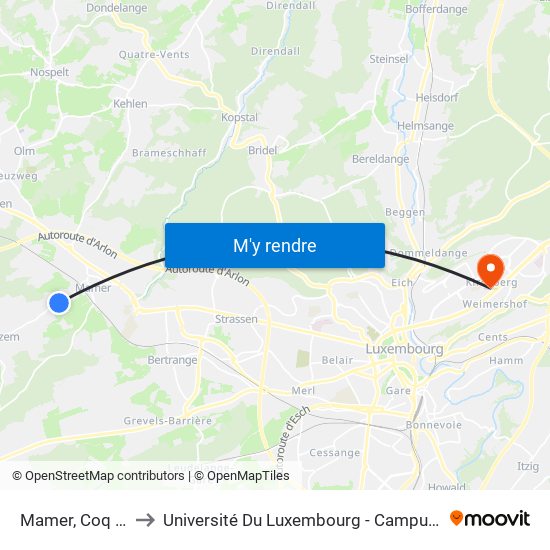 Mamer, Coq Hardi to Université Du Luxembourg - Campus Kirchberg map