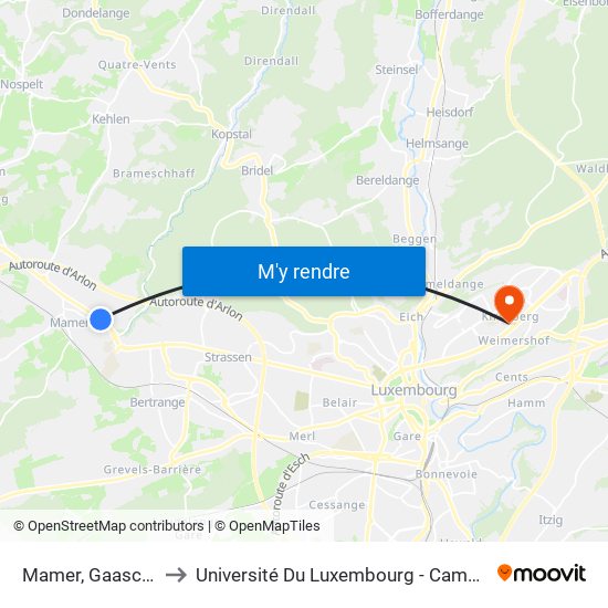 Mamer, Gaaschtbierg to Université Du Luxembourg - Campus Kirchberg map