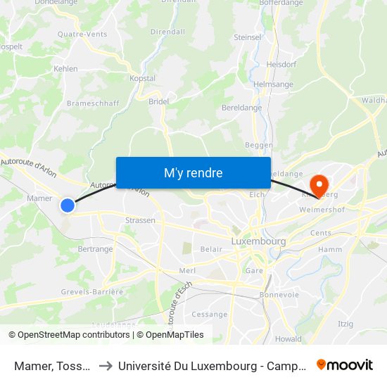 Mamer, Tossebierg to Université Du Luxembourg - Campus Kirchberg map