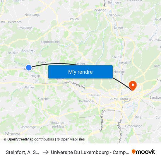 Steinfort, Al Schmelz to Université Du Luxembourg - Campus Kirchberg map