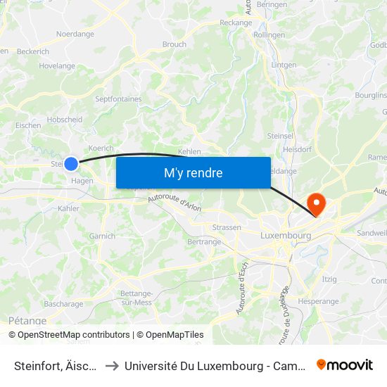 Steinfort, Äischzenter to Université Du Luxembourg - Campus Kirchberg map