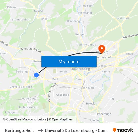 Bertrange, Richterwee to Université Du Luxembourg - Campus Kirchberg map