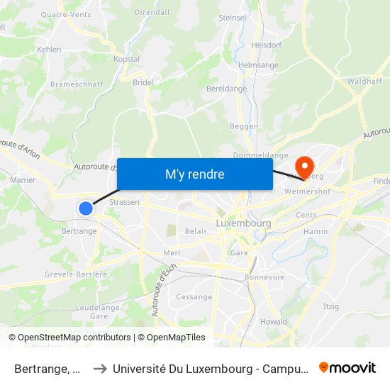 Bertrange, Pesch to Université Du Luxembourg - Campus Kirchberg map