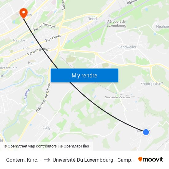 Contern, Kiircheplaz to Université Du Luxembourg - Campus Kirchberg map