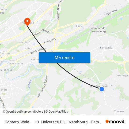 Contern, Weiergewan to Université Du Luxembourg - Campus Kirchberg map