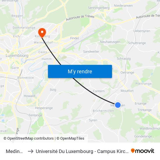 Medingen to Université Du Luxembourg - Campus Kirchberg map