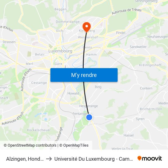 Alzingen, Hondsbréck to Université Du Luxembourg - Campus Kirchberg map