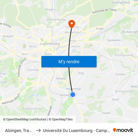 Alzingen, Trapeneck to Université Du Luxembourg - Campus Kirchberg map