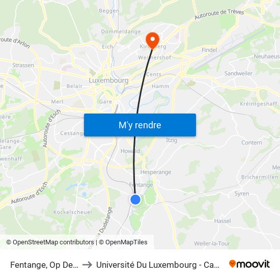 Fentange, Op De Leemen to Université Du Luxembourg - Campus Kirchberg map