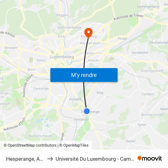 Hesperange, AM Keller to Université Du Luxembourg - Campus Kirchberg map