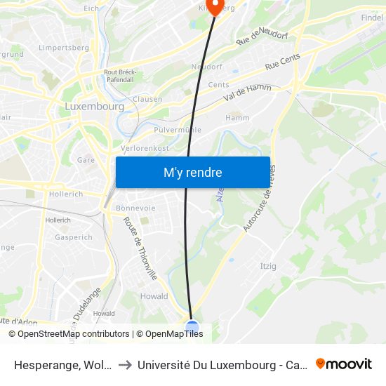 Hesperange, Wollefsmillen to Université Du Luxembourg - Campus Kirchberg map