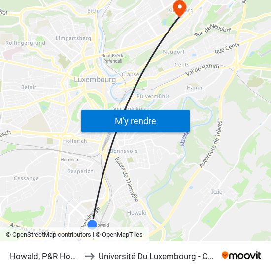 Howald, P&R Howald Quai 2 to Université Du Luxembourg - Campus Kirchberg map