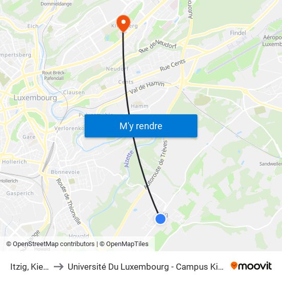 Itzig, Kierch to Université Du Luxembourg - Campus Kirchberg map