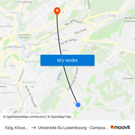 Itzig, Klouschter to Université Du Luxembourg - Campus Kirchberg map