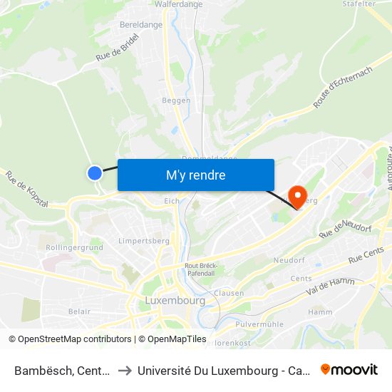 Bambësch, Centre Sportif to Université Du Luxembourg - Campus Kirchberg map