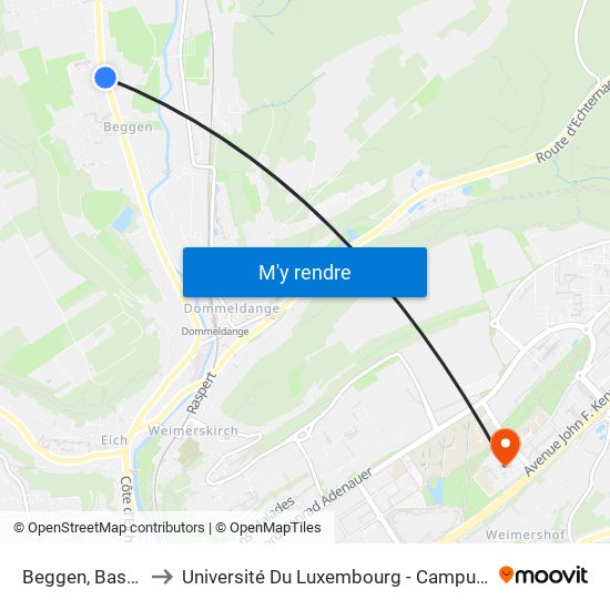 Beggen, Bastogne to Université Du Luxembourg - Campus Kirchberg map