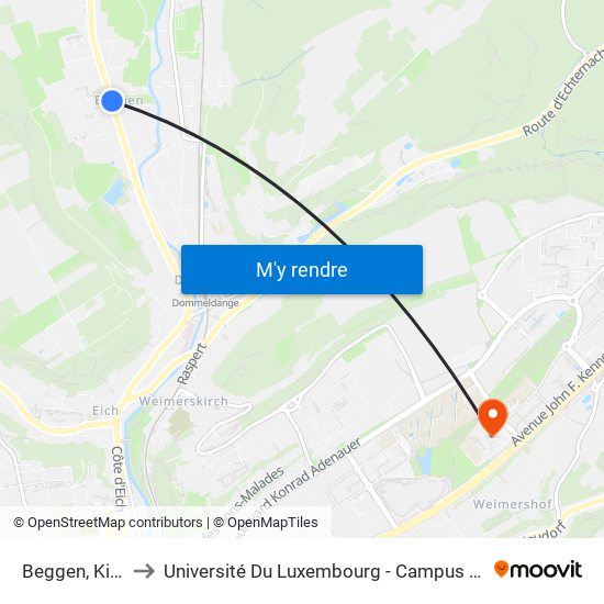 Beggen, Kierch to Université Du Luxembourg - Campus Kirchberg map