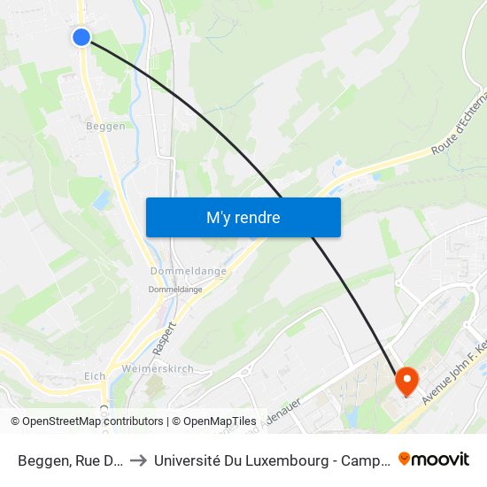 Beggen, Rue Du Pont to Université Du Luxembourg - Campus Kirchberg map