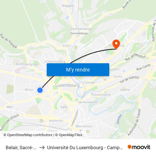 Belair, Sacré-Coeur to Université Du Luxembourg - Campus Kirchberg map