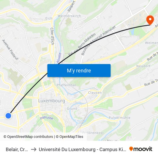 Belair, Crécy to Université Du Luxembourg - Campus Kirchberg map