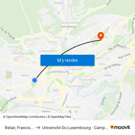 Belair, Franciscaines to Université Du Luxembourg - Campus Kirchberg map