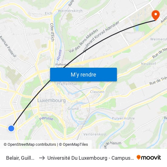 Belair, Guillaume to Université Du Luxembourg - Campus Kirchberg map