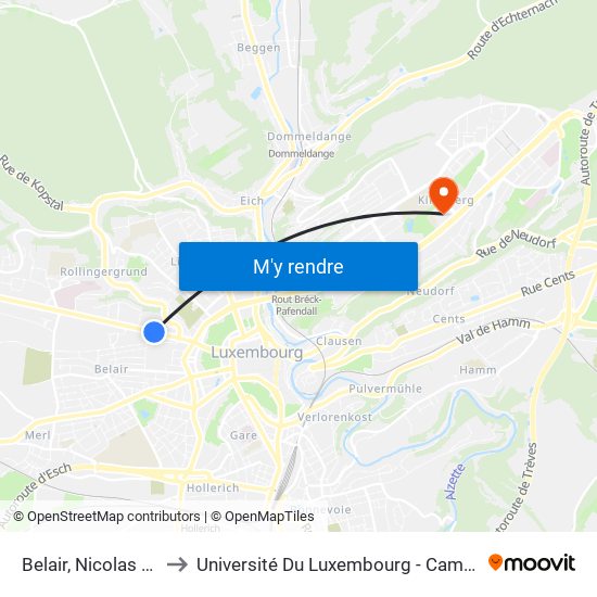 Belair, Nicolas Simmer to Université Du Luxembourg - Campus Kirchberg map