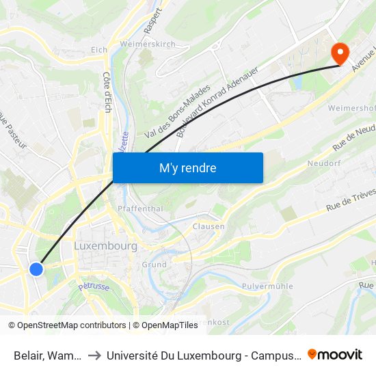 Belair, Wampach to Université Du Luxembourg - Campus Kirchberg map